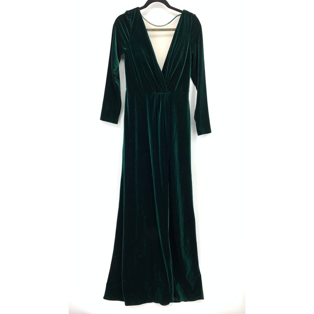 Jenny Yoo Collection Sz 8 Green Velvet Maxi Dress Long Sleeve Deep V Formal Gown